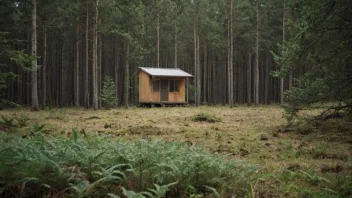 En skog med en liten bygning eller kontor i bakgrunnen.