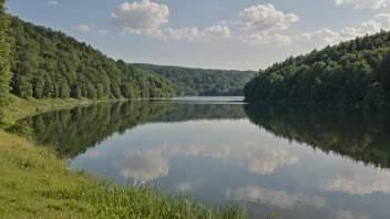 Et fredelig og rolig bilde av en innsjø eller elv med frodig vegetasjon og trær i bakgrunnen