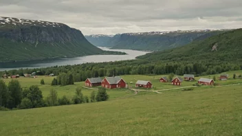 Et idyllisk norsk landskap med en liten bosetning i det fjerne.