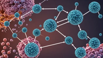 En illustrasjon av en biologisk prosess med molekyler og celler, som viser en økning eller forsterkning.