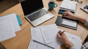 En person som organiserer filer og mapper på et skrivebord, med en laptop og en notatbok i nærheten.