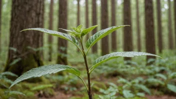 Et kivde med grønne blader og en karakteristisk form, som vokser blant annen vegetasjon i skogen.