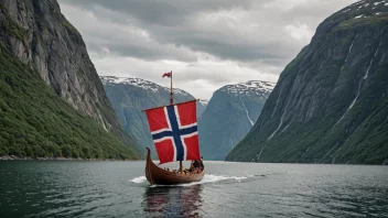 En naturskjønn utsikt over en vikingskip som seiler gjennom en fjord, symboliserer norsk kultur og historie.