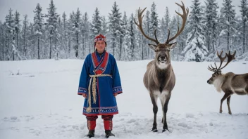 En samisk person i tradisjonell klesdrakt, stående i et snølandskap med en reinsdyr i bakgrunnen.