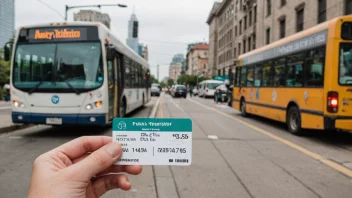 En person som holder et månedskort, med en bybuss eller tog i bakgrunnen.