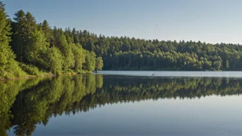 Et fredelig landskap med en stille innsjø, omgitt av trær og en klar blå himmel, med noen fugler som flyr i det fjerne.