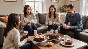 En varm og hyggelig mottagelse med mennesker samlet rundt et kaffebord.