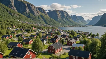 En malerisk utsikt over Tinnheia, et nabolag i Norge, med en blanding av hus og trær i forgrunnen og et fjellandskap i bakgrunnen.