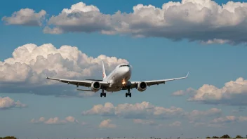 Et fly nærmer seg en rullebane for landing, med en klar blå himmel og noen hvite skyer i bakgrunnen.