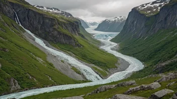 En malerisk dal i Norge med en stor isbre og frodig grønt landskap