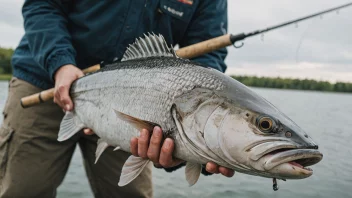 En person som holder en stor fisk, med en fiskestang og snelle i bakgrunnen.