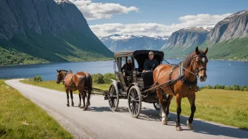 En tradisjonell norsk hestetrukket kalesjebil, kjent som en karjol, med to hester og en sjåfør, satt mot en naturskjønn norsk landskap.