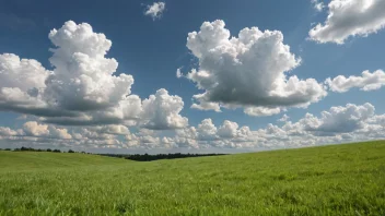 Et fredelig landskap med en solfylt himmel, grønt gress og noen få hvite skyer, som formidler en følelse av behagelighet og ønskelighet.