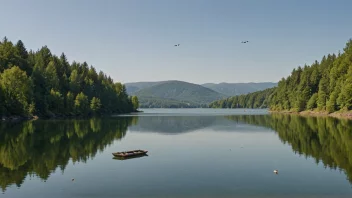 En fredelig innsjøscene med noen båter og et naturlig landskap.