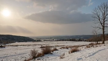 Et fredelig landskap med en klar blå himmel og noen hvite skyer, omgitt av frodige grønne trær og en rolig innsjø i bakgrunnen.