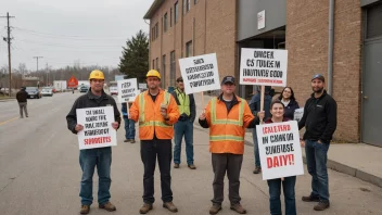 Arbeidere som protesterer utenfor en fabrikk.