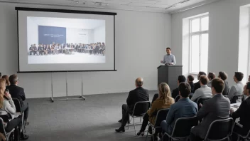 En presentasjon eller utstilling med en projektor skjerm som viser et produkt eller en idé, et podium med en taler, og et publikum som lytter og tar notater.