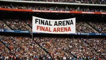 En idrettsarena fylt med mennesker, med et banner som indikerer at det er finalarenaen.