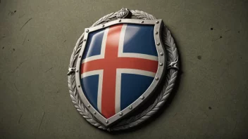 Et skjold med norsk flaggmønster, omgitt av militære og nasjonale sikkerhetssymboler, som representerer begrepet forsvarsrelatert.