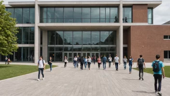 En universitetsbygning med studenter som går inn og ut.