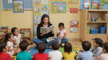 En lærer leser en bok til en gruppe små barn i en barnehageklasse, med leker og pedagogiske materialer i bakgrunnen.