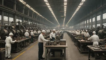 En fabrikk i full produksjon, med arbeidere og maskiner som arbeider sammen for å produsere varer.