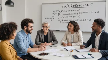 En gruppe mennesker fra ulike bakgrunner og aldre sitter rundt et bord, engasjert i en diskusjon, med en whiteboard eller flipchart i bakgrunnen med nøkkelord som 'enighet', 'konsens' og 'samarbeid' skrevet på den.