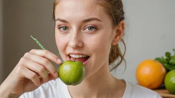 En person som spiser en frukt med en grønn hake på den.