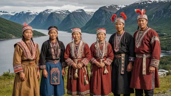 En gruppe lulesamer i tradisjonelle klær, stående foran et naturskjønt nordnorsk landskap.