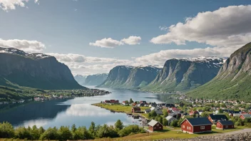 Et pittoreskt norsk landskap med en liten bosetning i det fjerne.