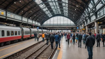 En livlig og travel jernbanestasjon med forskjellige toglinjer og mangfoldige passasjerer.