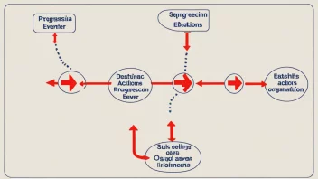 En visuell fremstilling av et flytskjema eller tidslinje som illustrerer flere sekvenser, som viser hvordan de relaterer seg til hverandre på en organisert måte.