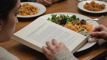 En person leser en bok med en tallerken mat i nærheten.