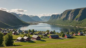 Et pittoreskt norsk landskap med en liten bosetning i det fjerne.