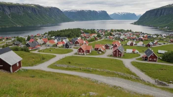 Et pittoreskt norsk landsby eller by med et skilt eller landemerke som indikerer Vigmostads