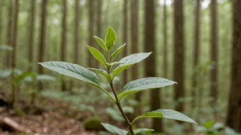 En liten, grønn mussa-plante med små blader og en tynn stilk, som vokser blant andre planter i en skog.