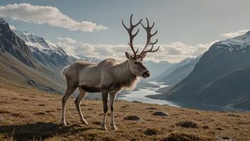 En villrein står på en steinete utsiktspunkt, med et fjellandskap i bakgrunnen.