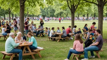 En levende offentlig park fylt med mennesker fra alle samfunnslag, som nyter hverandres selskap og friluftslivet.