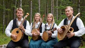 En gruppe musikere som spiller tradisjonelle norske instrumenter sammen i harmoni, og skaper et vakkert musikalsk samspill