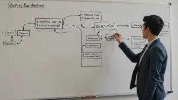 En person foran en whiteboard med et flytdiagram, som representerer et startpunkt eller en grunnlag for et prosjekt.