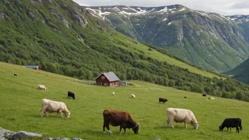 En tradisjonell norsk fjellgård med dyr som beiter i åsene.