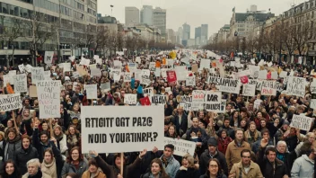 En protest med en stor gruppe mennesker i gatene, som holder skilt og bannere.