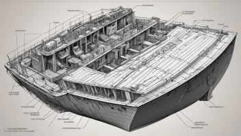 En illustrasjon av et skips skrogdesign, som viser de komplekse detaljene og formene involvert i skipsdesign.