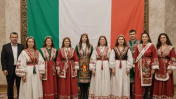 En gruppe mennesker fra Bulgaria, kledd i tradisjonelle klær, stående foran en bulgarsk flagg.