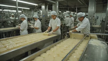 En fabrikk som produserer såpe, med maskiner og arbeidere som blander og former såpen.