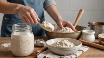 En person som holder en krukke med surdeig, med en miksebolle og bakeutstyr i bakgrunnen.