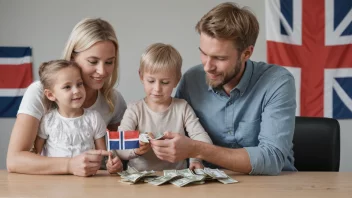 En familie med barn som smiler og holder hender, med et svakt bilde av norske kroner eller flagg i bakgrunnen