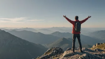 En person som står alene på et fjelltopp, med et selvstendig uttrykk og armene utstrakt.