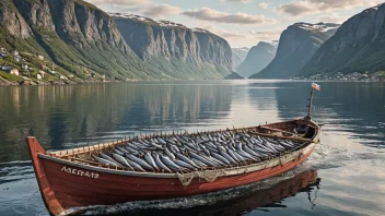 En illustrasjon av en norsk fiskebåt med et nett fullt av sild.