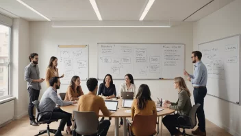 Et møterom med en whiteboard og en gruppe mennesker som diskuterer og planlegger.